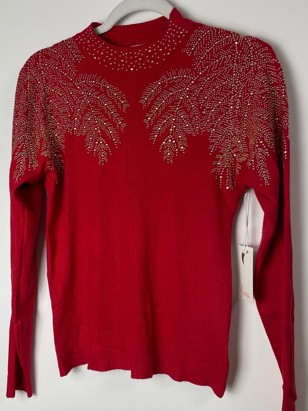 Luna Red Rhinestone Sweater Size M | NWT Sparkly Crewneck Knit Top